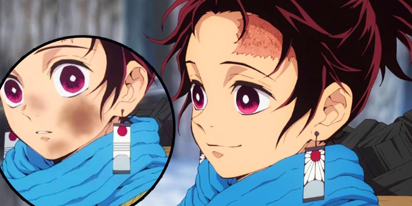 Close-up of Tanjiro's hanafuda earrings in Demon Slayer